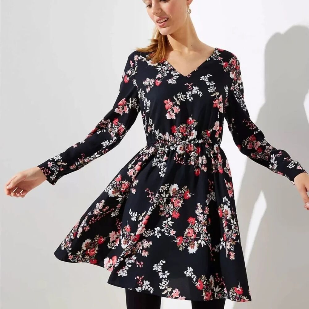 LOFT Black Floral Mini A-Line Bar Back Elastic Waist Dress Sz M